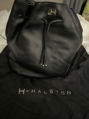 H by Halston super soft Black pebble Leather Drawstring Backpack. New.